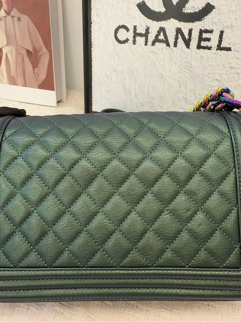 CHANEL LeBoy Iridescent Green Quilted Goatskin Flap Bag with Multicolor Hardware